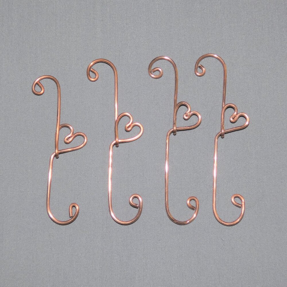 Set of 4 Handmade Artisan Copper Heart Christmas Ornament Hooks Ornament Hangers